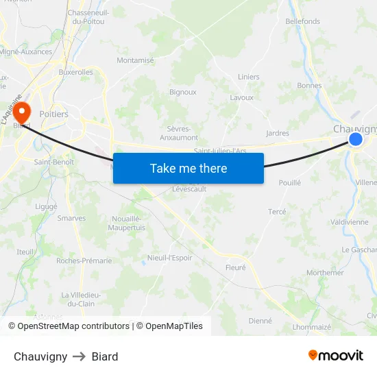 Chauvigny to Biard map