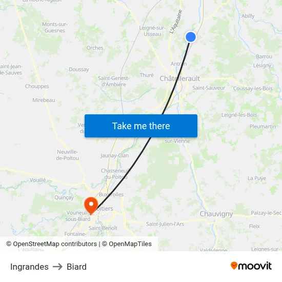 Ingrandes to Biard map