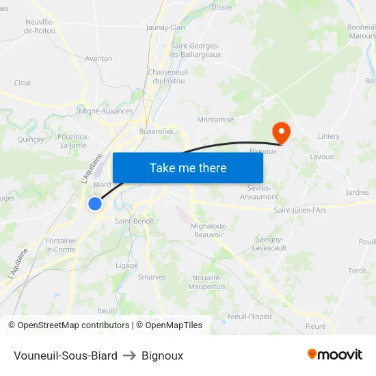 Vouneuil-Sous-Biard to Bignoux map