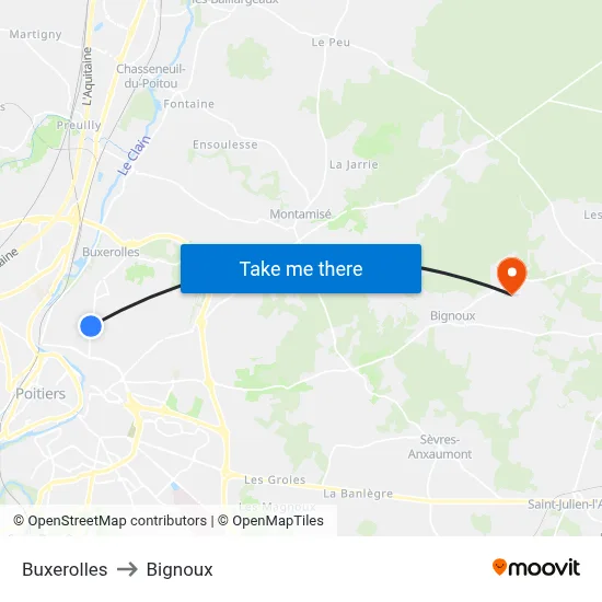 Buxerolles to Bignoux map