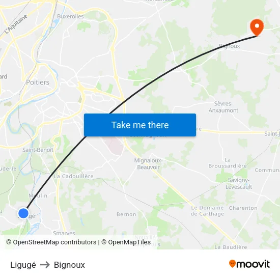Ligugé to Bignoux map