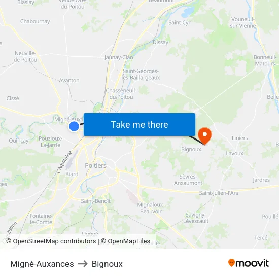 Migné-Auxances to Bignoux map