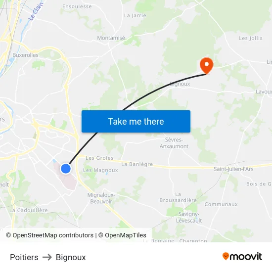 Poitiers to Bignoux map