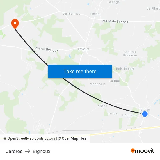 Jardres to Bignoux map