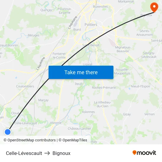 Celle-Lévescault to Bignoux map