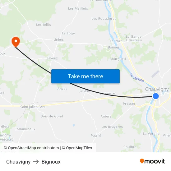 Chauvigny to Bignoux map