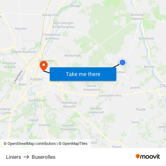Liniers to Buxerolles map