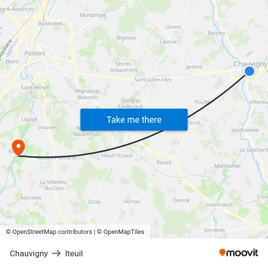 Chauvigny to Iteuil map