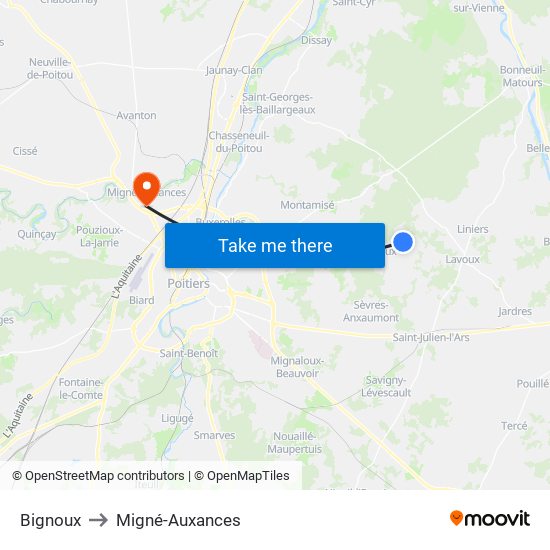 Bignoux to Migné-Auxances map