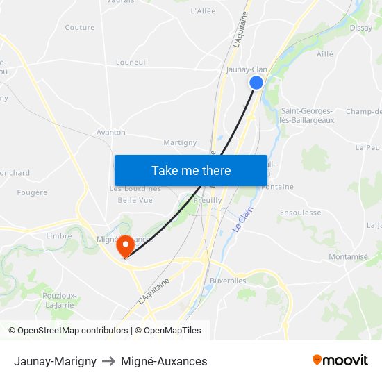 Jaunay-Marigny to Migné-Auxances map