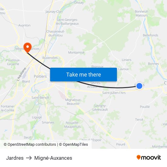 Jardres to Migné-Auxances map