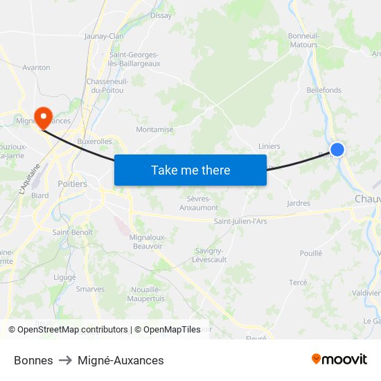 Bonnes to Migné-Auxances map