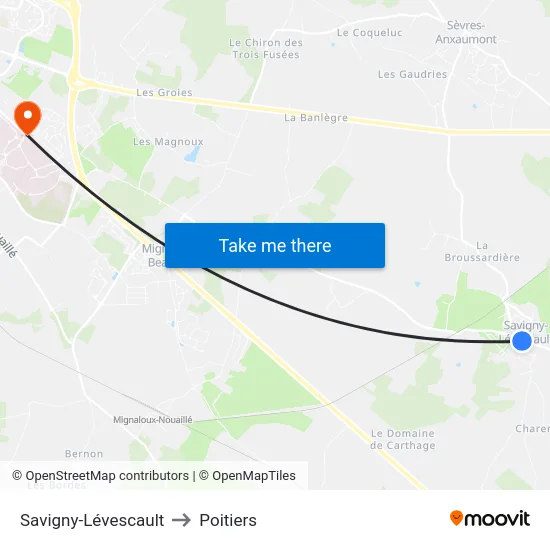 Savigny-Lévescault to Poitiers map