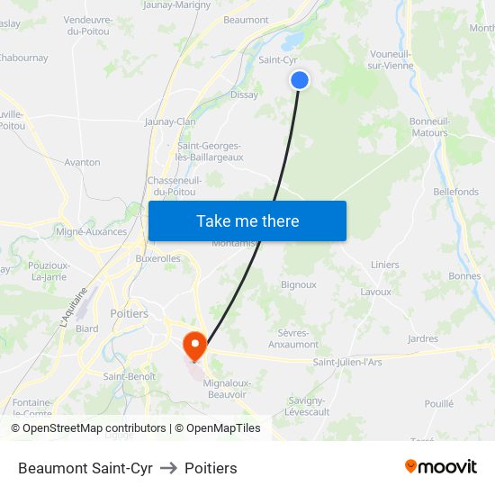 Beaumont Saint-Cyr to Poitiers map