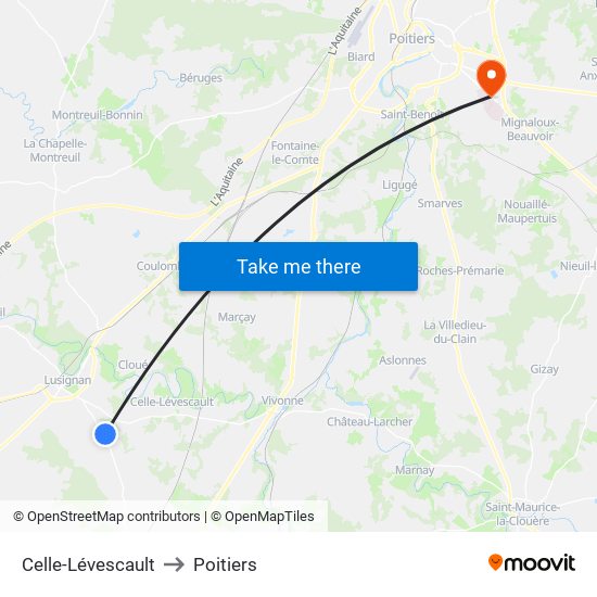 Celle-Lévescault to Poitiers map