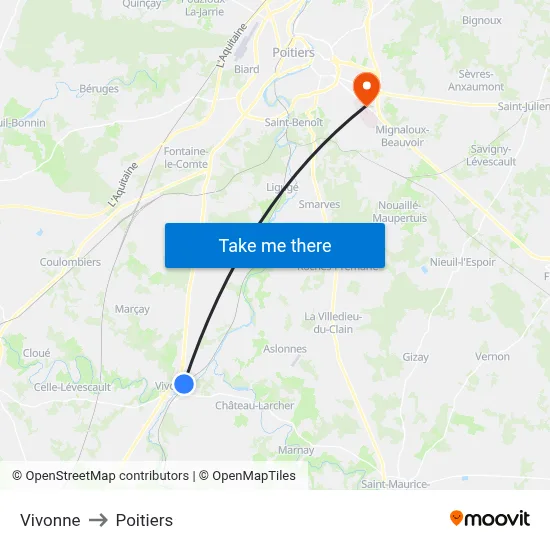 Vivonne to Poitiers map