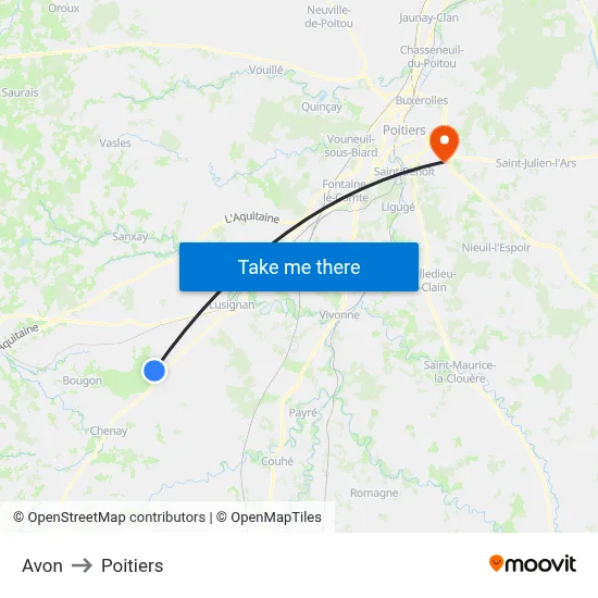 Avon to Poitiers map