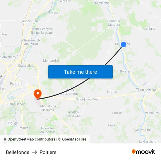 Bellefonds to Poitiers map