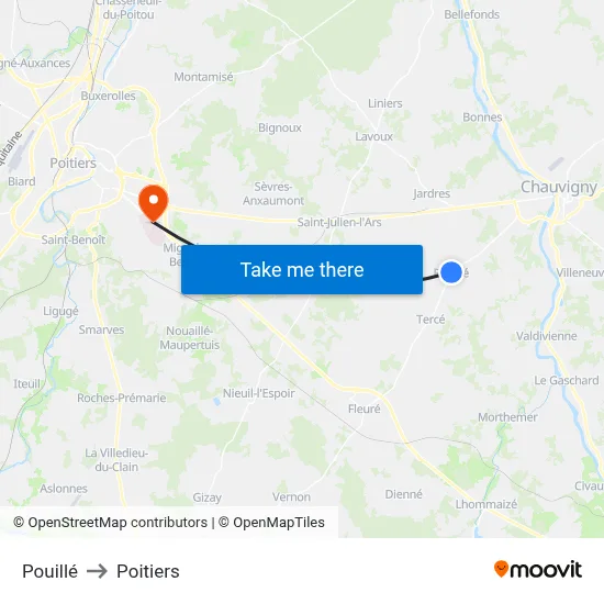 Pouillé to Poitiers map