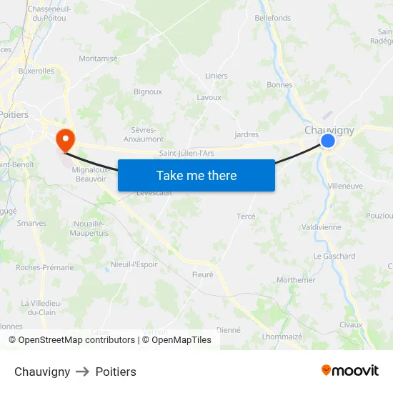 Chauvigny to Poitiers map