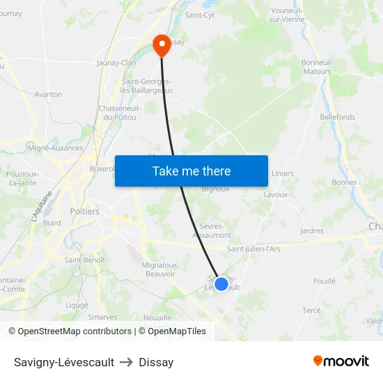 Savigny-Lévescault to Dissay map