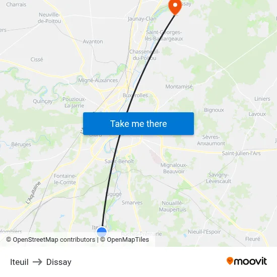 Iteuil to Dissay map