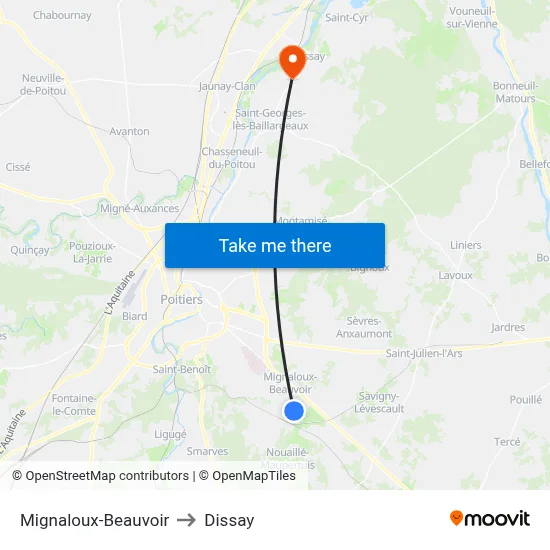 Mignaloux-Beauvoir to Dissay map