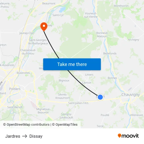 Jardres to Dissay map