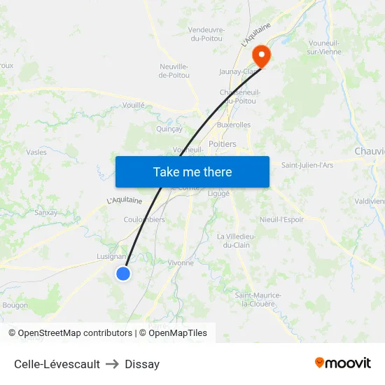 Celle-Lévescault to Dissay map