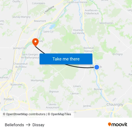 Bellefonds to Dissay map