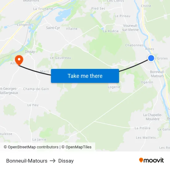 Bonneuil-Matours to Dissay map