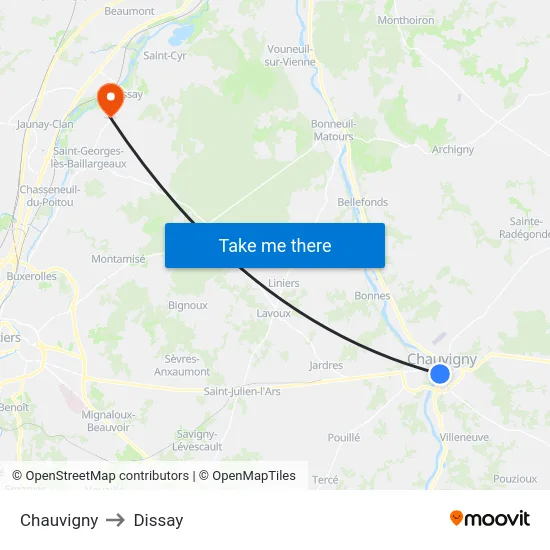 Chauvigny to Dissay map