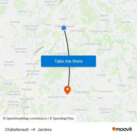 Châtellerault to Jardres map