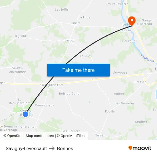 Savigny-Lévescault to Bonnes map