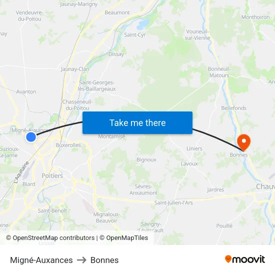 Migné-Auxances to Bonnes map