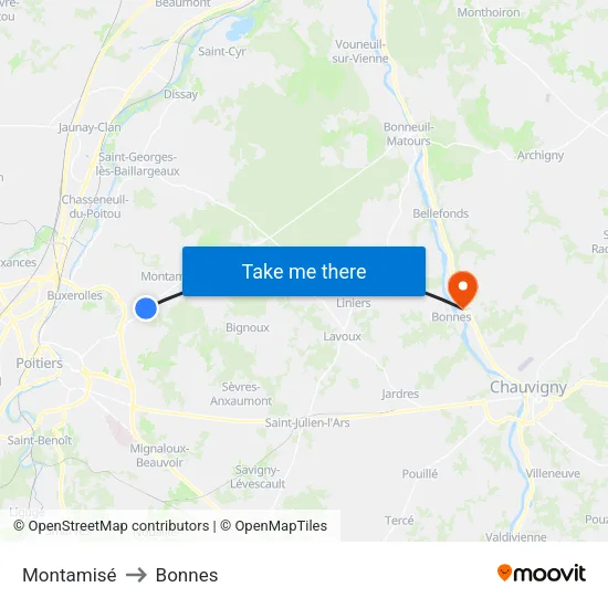 Montamisé to Bonnes map