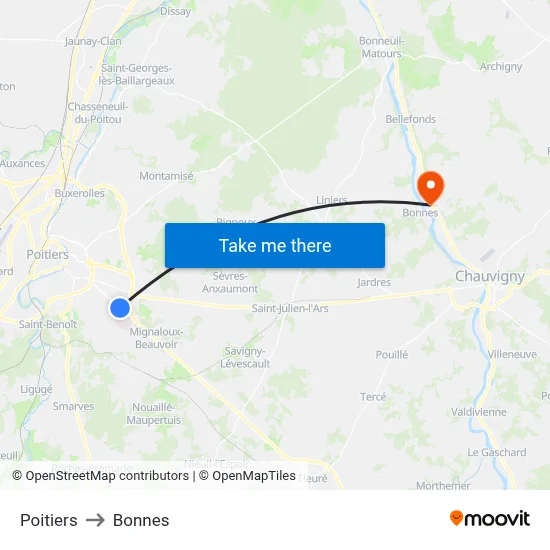 Poitiers to Bonnes map
