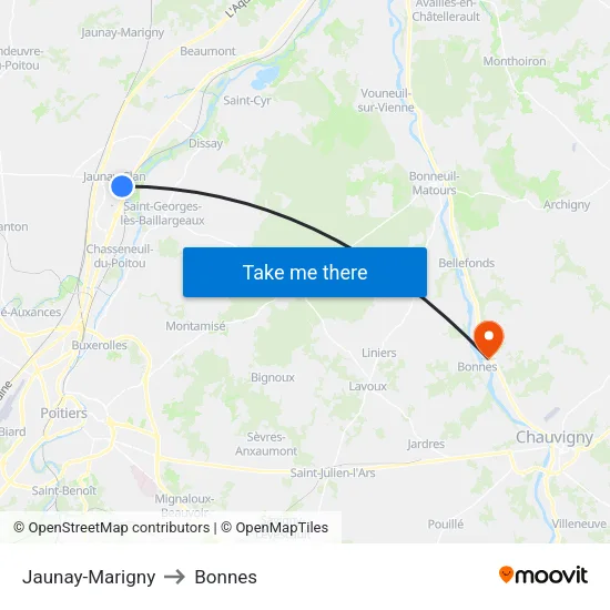 Jaunay-Marigny to Bonnes map