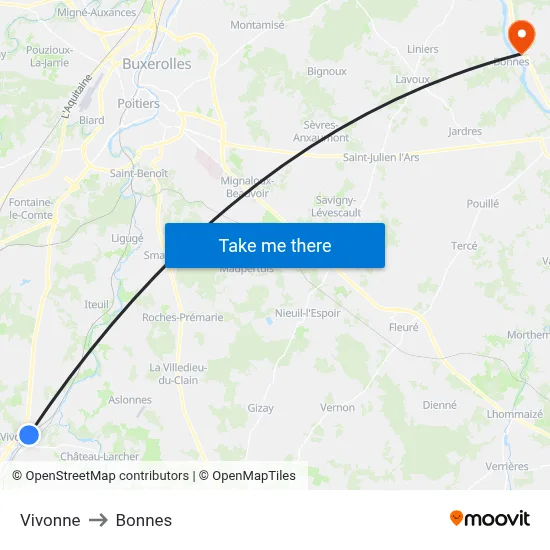 Vivonne to Bonnes map