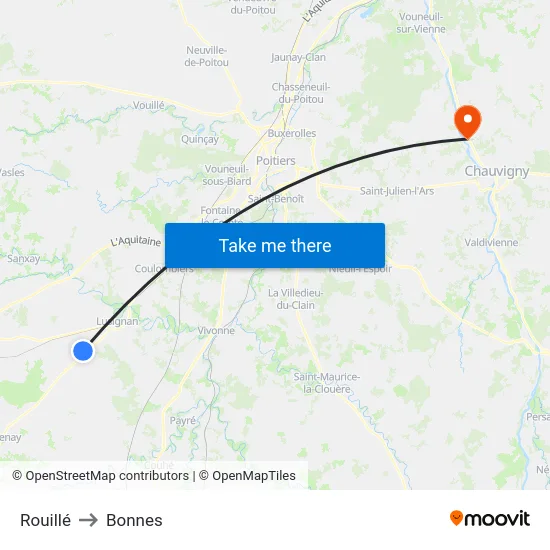 Rouillé to Bonnes map
