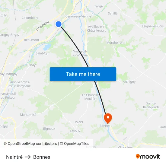 Naintré to Bonnes map