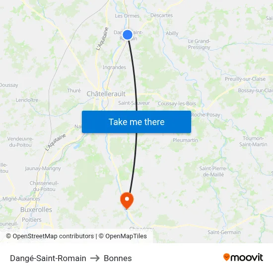 Dangé-Saint-Romain to Bonnes map