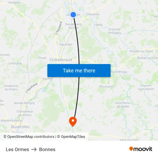 Les Ormes to Bonnes map