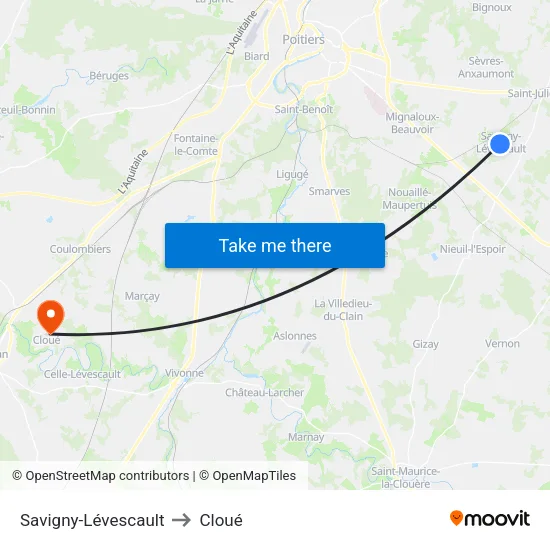 Savigny-Lévescault to Cloué map