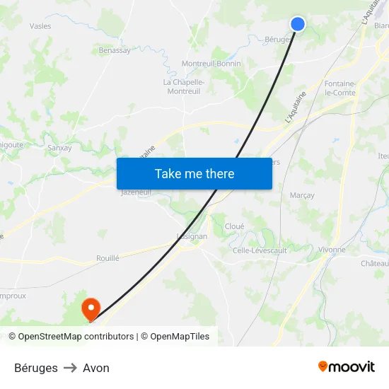 Béruges to Avon map