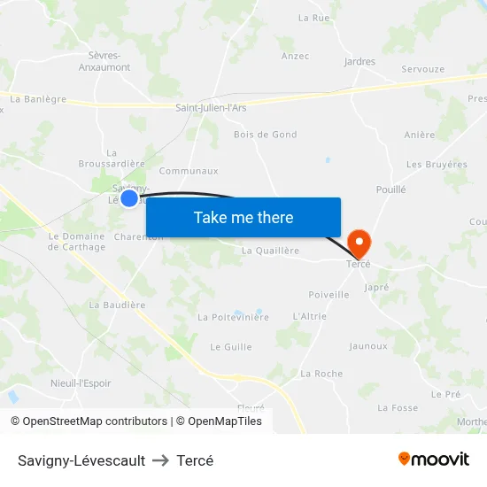 Savigny-Lévescault to Tercé map