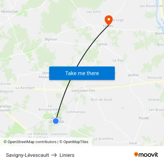 Savigny-Lévescault to Liniers map