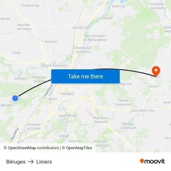 Béruges to Liniers map
