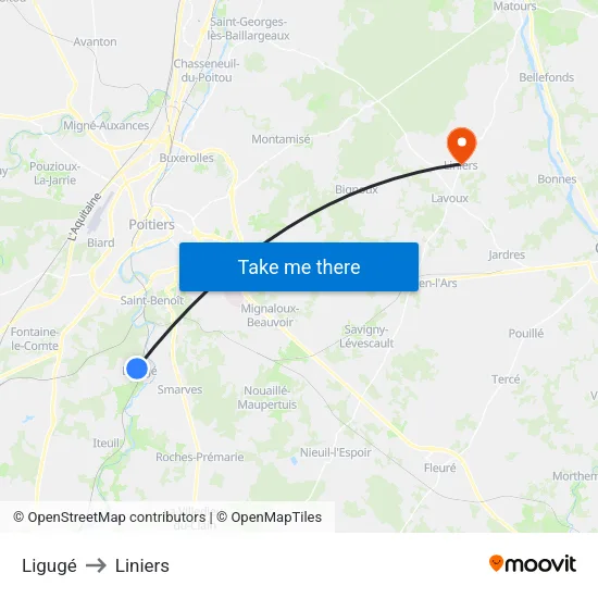 Ligugé to Liniers map