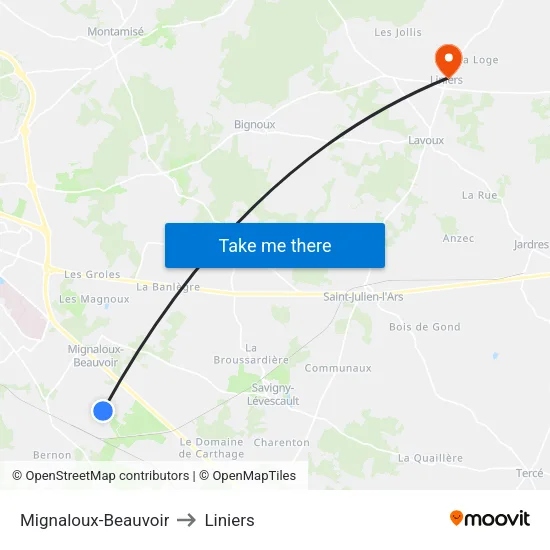 Mignaloux-Beauvoir to Liniers map